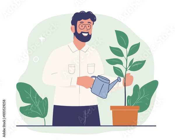 Obraz Cheerful Male Teacher Watering Seedling for Student Growth Concept - Knowledge Transfer, Skill Development, Inspirational Learning Vector Illustration