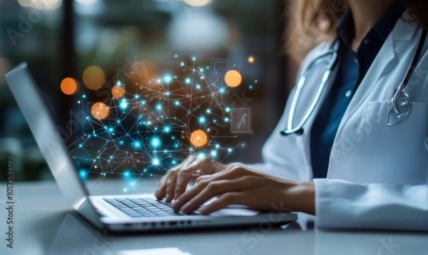 Obraz Doctor working with laptop, glowing medical icons. Ai illustration, Generative AI