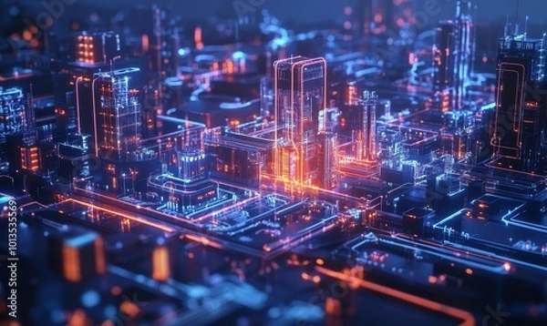 Fototapeta A futuristic image illustrating the concept of a smart factory. Advanced technology like AI, IoT and robotics in manufacturing processes for greater efficiency and productivity. Generative AI