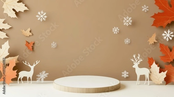 Fototapeta Autumn themed display with decorative leaves and reindeer on a neutral backdrop.