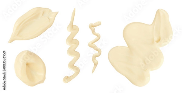 Obraz Mayonnaise smear isolated. Mayonnaise drop and splash set. Wavy lines of mayonnaise sauce on white background. Top view. Flat lay.