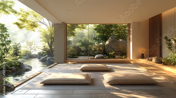 Fototapeta A serene 3D design of a modern Feng Shui home.
