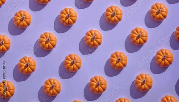 Fototapeta A creative arrangement of small orange pumpkins on a soft pastel purple background. Perfect for autumn and Halloween themes, the pattern evokes a festive and cozy atmosphere.