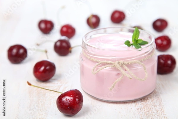 Obraz Cherry yogurt and ripe cherry