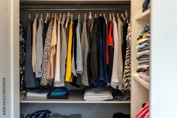Fototapeta A neatly organized closet with a variety of clothes hanging on hangers and folded items on shelves displaying different colors and fabrics.