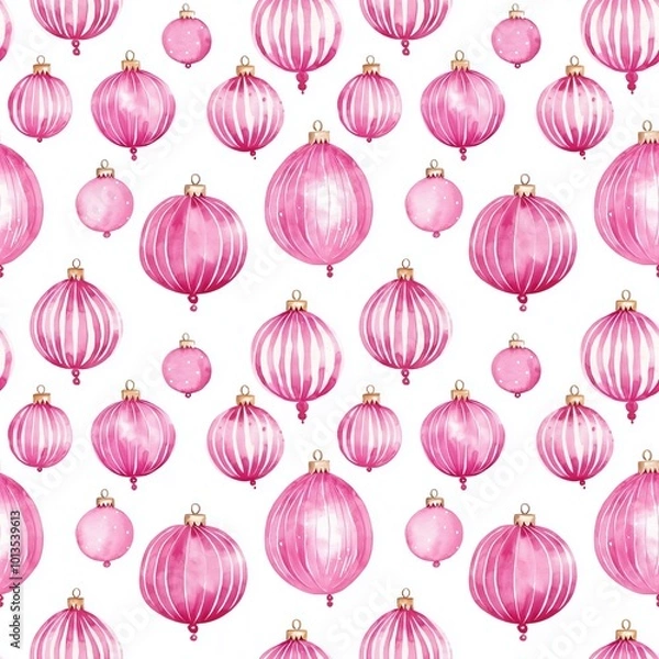 Fototapeta Pretty watercolour style seamless repeating pattern of pink christmas baubles, great for stationery and fabric.