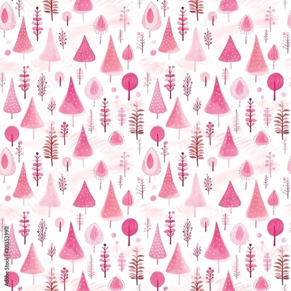 Fototapeta Pretty watercolour style seamless repeating pattern of pink christmas trees, great for stationery and fabric.