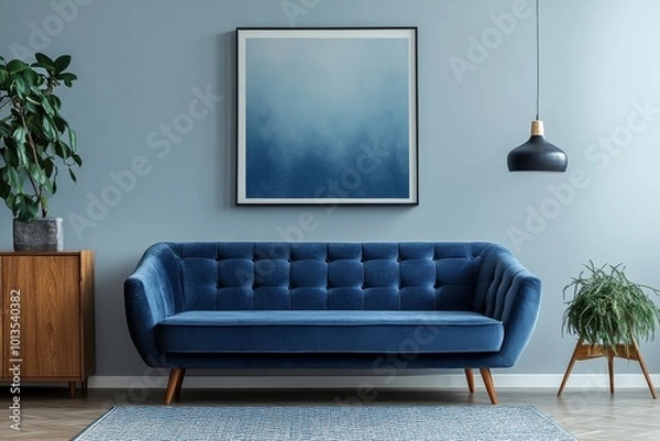 Obraz Canvas in beige living room with sideboard and accent blue sofa, Generative AI