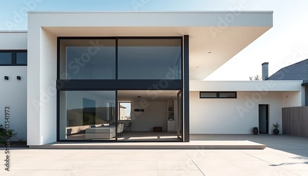 Fototapeta A minimalist modern house with clean lines, large glass windows, and an open, uncluttered exterior.