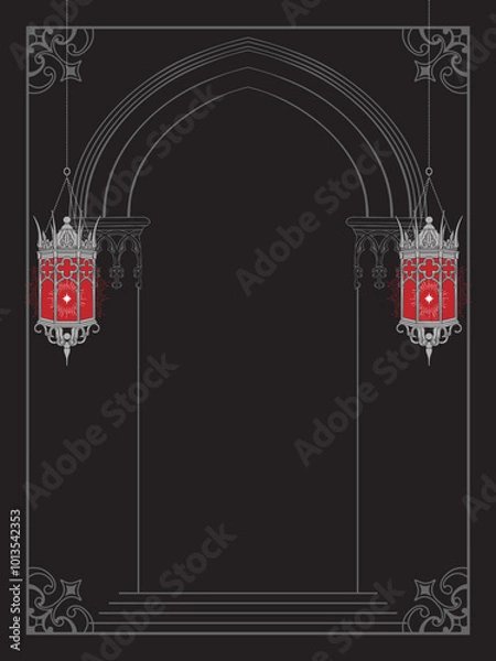 Obraz Gothic arch with lanterns gothic postcard, poster or book cover design element vector illustration