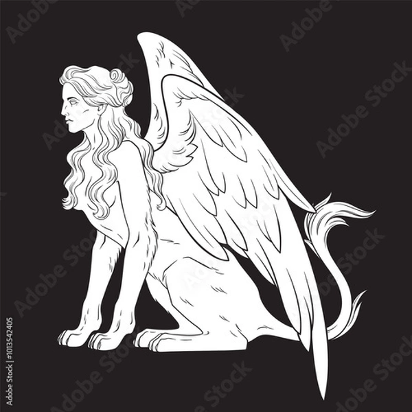 Obraz Ancient Egyptian mythological creature sphinx in gothic style hand drawn black and white vector illustration