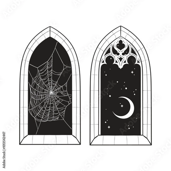 Obraz Gothic windows with cobweb and night sky with crescent moon hand drawn line art gothic tattoo design isolated vector illustration