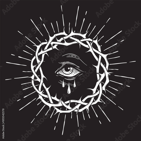 Obraz All seeing eye of God in sacred crown of thorns with rays of light sunburst hand drawn isolated vector illustration. Blackwork, flash tattoo or print design