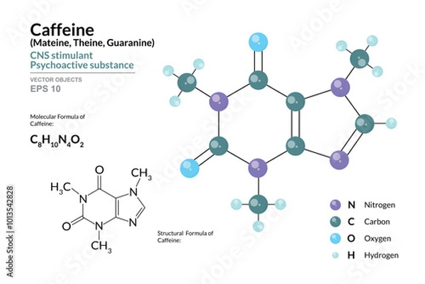 Fototapeta Caffeine. Mateine, Theine, Guaranine. Chemical Formula and 3d Model of Molecule. C8H10N4O2. Atoms with Color Coding. Vector Illustration for educational materials, scientific articles, presentations
