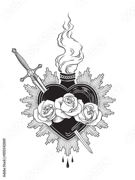 Obraz Holy heart of Mary with roses and sword hand drawn line art and dotwork. Flash tattoo or print design vector illustration