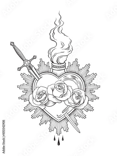 Obraz Holy heart of Mary with roses and sword hand drawn line art and dotwork. Flash tattoo or print design vector illustration