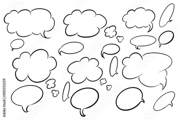 Fototapeta A variety of empty speech and thought bubbles, hand-drawn in different shapes and sizes, often used for dialogues or thoughts in comics.