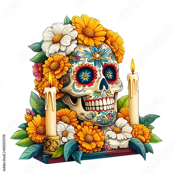 Fototapeta Day of the dead skull with flowers and candles, vibrant art