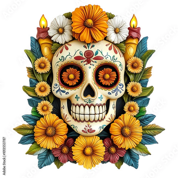 Obraz Day of the dead skull with flowers and candles, isolated