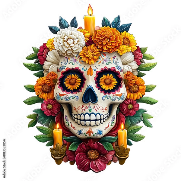 Obraz Day of the dead skull with flowers and candles