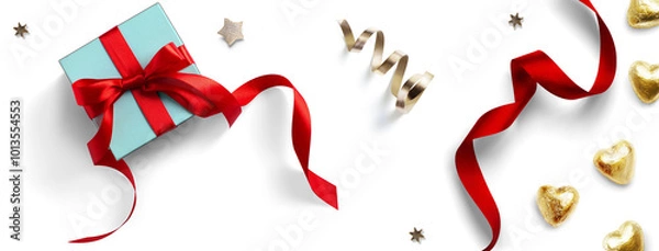 Obraz Design elements for Christmas background. Christmas gift box and Golden candies and red ribbon on transparent background, flat lay, clipping path, real soft transparent shadow. PNG