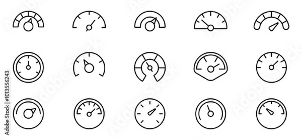 Obraz Speedometer icon set. Speed indicator. Gauge, dashboard, tachometer, scale. Speedometer icon with arrow. Editable stroke line icons. Vector illustration.