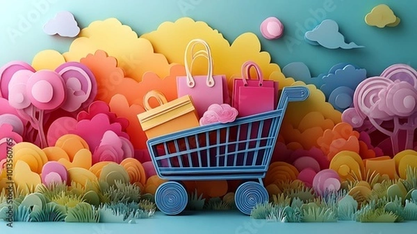 Fototapeta A Whimsical Paper Cutout World Filled With Shopping Bags and Vibrant Nature Elements Awaits