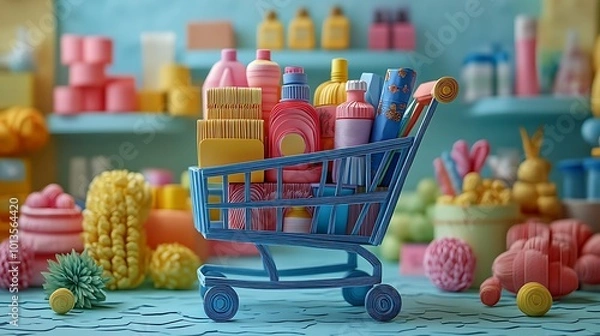 Fototapeta A Vibrant Paper Cut Shopping Cart Full of Colorful Goods in a Cheery Store Setting