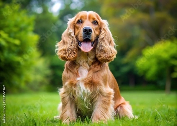 Obraz Vigilant working Cocker Spaniel with a golden coat, mouth agape, intensely focused on the camera, poised on lush green grass, ready to spring into action.