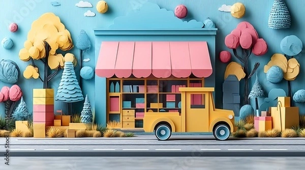 Fototapeta A Vibrant Delivery Scene Capturing Whimsical Nature and Playful Architecture in a Charming Style