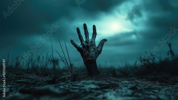 Fototapeta Zombie hand comes out of the ground at night against the background of a cloudy night sky.