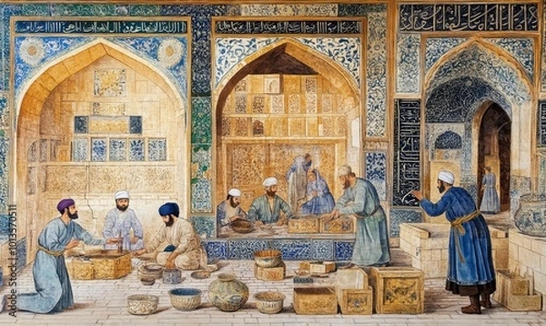 Fototapeta Persian men working in a courtyard.