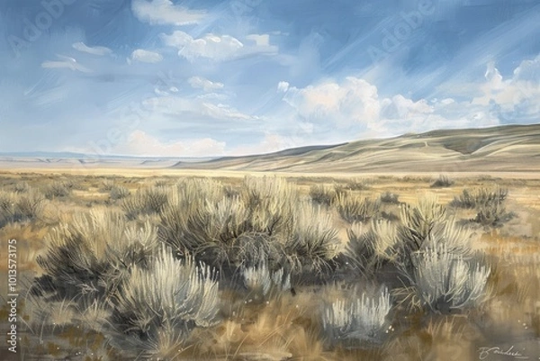 Fototapeta Desert landscape with sagebrush under a blue sky with clouds. Oil painting style illustration. Sagebrush. Ayuurveda. Ayurvedic herbs. Generative AI