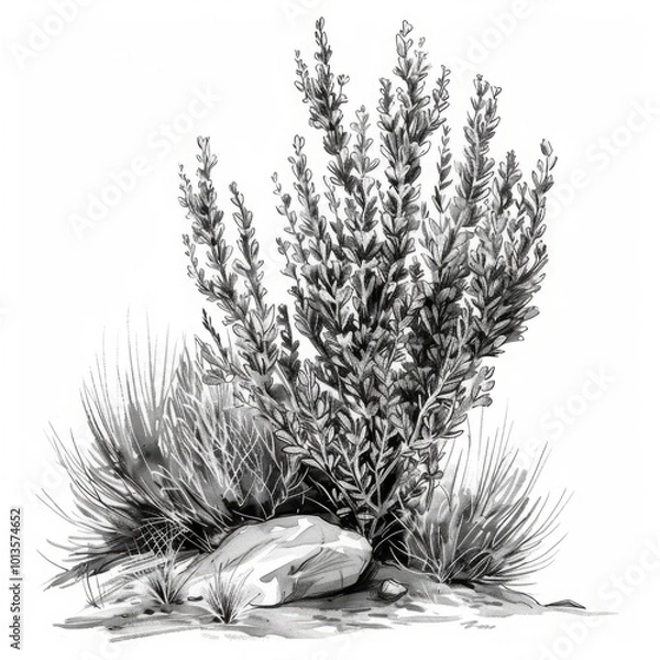 Fototapeta Black and white illustration of a sagebrush plant with rocks. Botanical drawing style. Nature and plant study concept for poster and print. Sagebrush. Ayuurveda. Ayurvedic herbs. Generative AI
