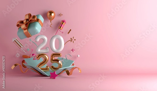 Fototapeta Happy new year 2025 decoration background with opened gift box, balloon number, firework rocket, copy space text, 3D rendering illustration