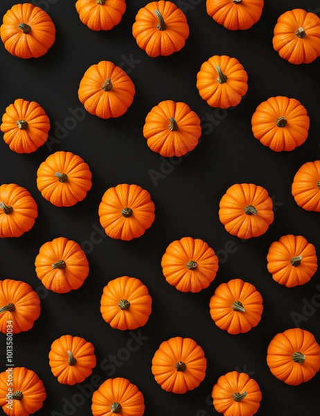 Fototapeta A Halloween pumpkins pattern, black background.Flat lay.Minimal crestive food and Halloween holiday concept.