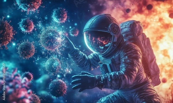 Fototapeta Astronaut in space reaches for a virus.