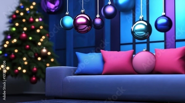 Fototapeta Cozy and inviting Christmas living room interior with beautifully decorated Christmas tree shiny colorful ornaments and baubles hanging in front of a modern blue wall backdrop