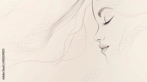 Fototapeta This artwork showcases a minimalist depiction of a female face, characterized by flowing lines that capture elegance and grace. Generative AI