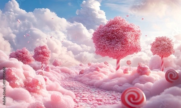 Fototapeta Whimsical candy landscape with pink lollipop trees, surrounded by candy-shaped mounds under a cloudy sky, fantasy world.  Generative Generative AI