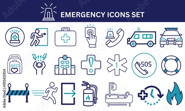 Obraz Emergency icon set. Ambulance, first aid, alarm button, police, panic attack, lifebuoy, vector illustration.