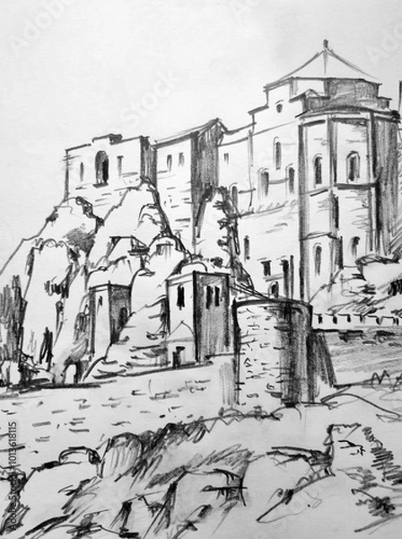 Obraz A sketch of a medieval European city and a royal castle made from life in black and white. Architectural monument, cultural and historical value.