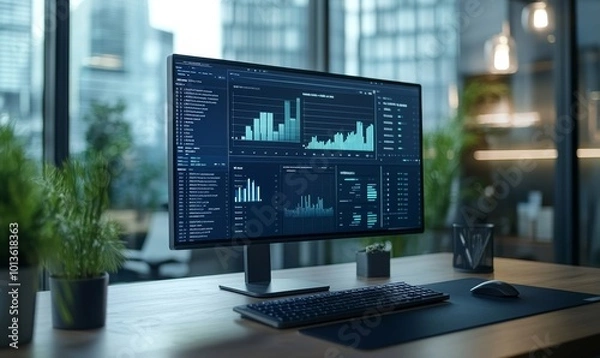 Fototapeta Desktop Computer Monitor with Finance Statistical Data Software and Progressive User Interface Standing on the Desk in the Modern Business Office. In the Background Glass Wall with Big City