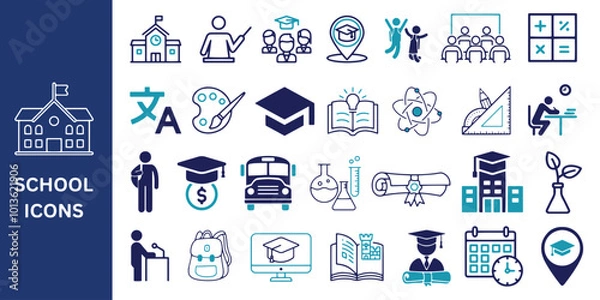 Obraz School Icon Set. School teacher, students, classroom, education, and knowledge icons Vector.