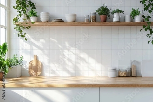 Obraz Front view on bright kitchen room interior with panoramic window, Generative AI