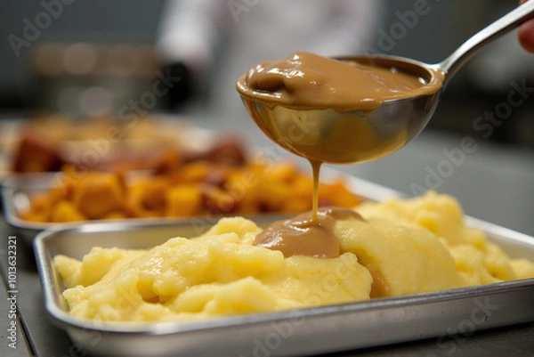 Fototapeta Brown potato gravy being poured onto more potatoes, mashed. Concept for bland, tasteless, unappetizing food, everyday canteen, prison food serving, soup kitchen, feeding the homeless, poor, refugees.