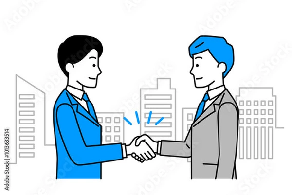 Fototapeta ビル群を背景に握手をするスーツの男性二人