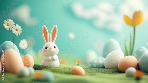 Fototapeta Easter background with eggs and rabbit