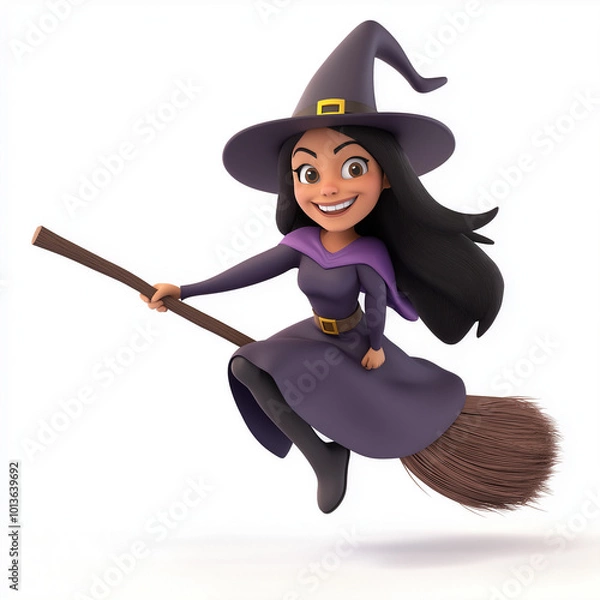 Fototapeta A friendly cartoon witch in a pointy hat, flying on her broomstick with a cheerful smile, set on white.