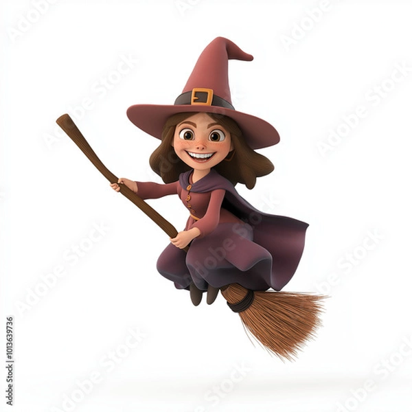 Fototapeta A friendly cartoon witch in a pointy hat, flying on her broomstick with a cheerful smile, set on white.